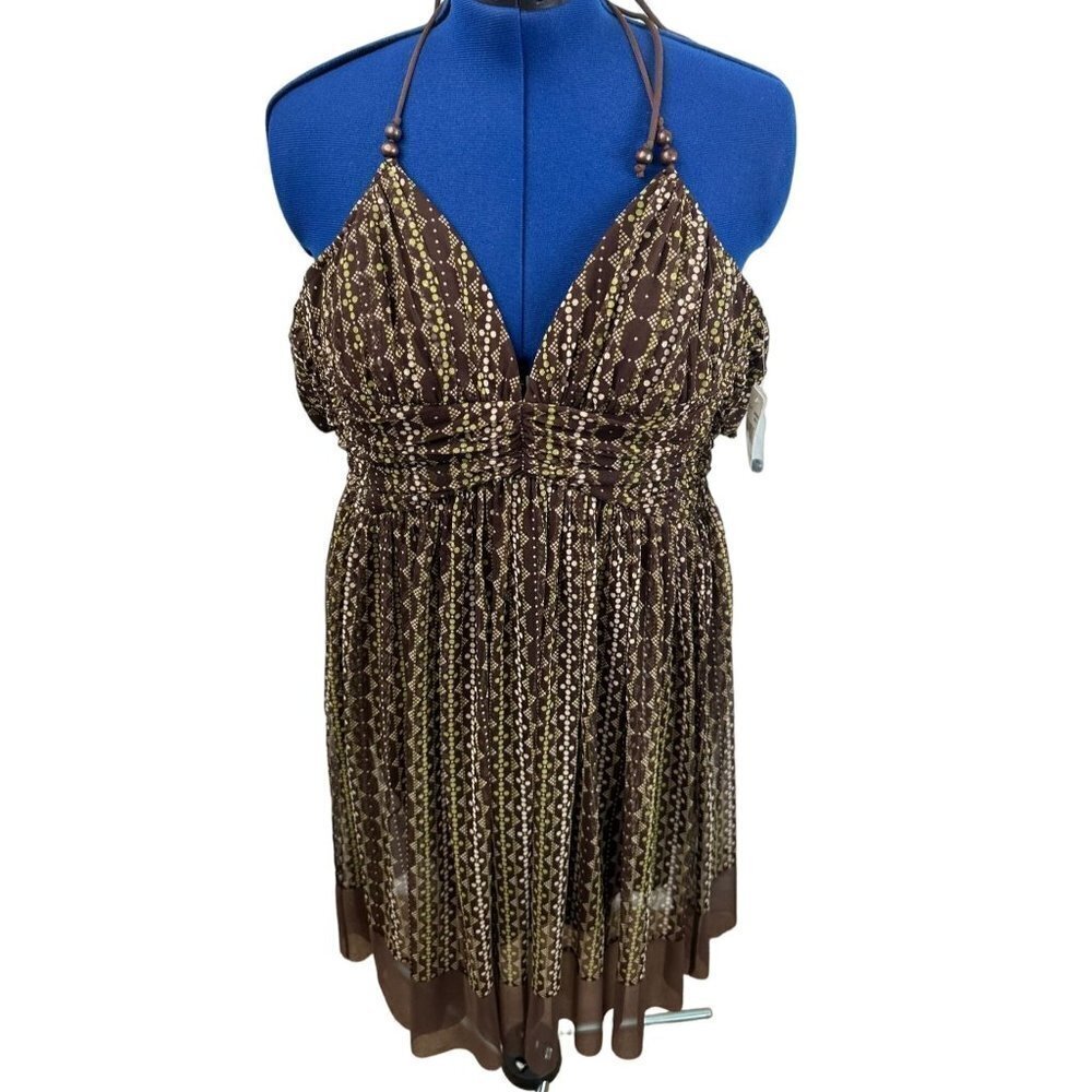 London Times Brown‎ Geometric Print Halter Dress Beaded Empire Waist Size 8